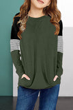 Striped Colorblock Long Sleeve Girls Blouse with Pocket