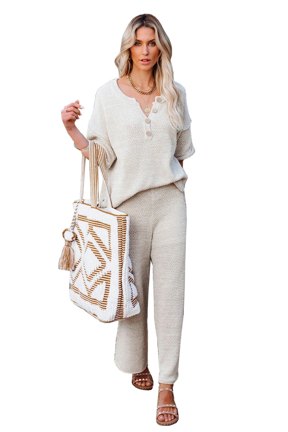 Beige Cotton Blend Relaxed Top and High Rise Pants Lounge Set