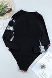 Leaves Print Zip-up Long Sleeve Surf Rash Guard Swimwear
