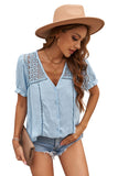 V Neck Lace Crochet Short Sleeve Shirt