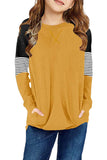 Striped Colorblock Long Sleeve Girls Blouse with Pocket