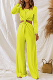 Cut Out Knotted Long Sleeve Wide Leg Jumpsuit