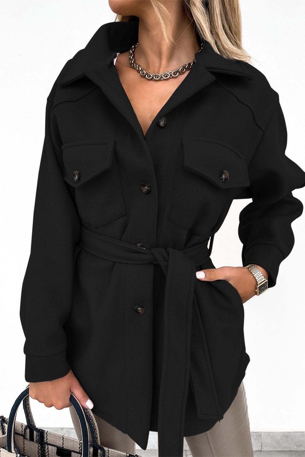 Lapel Button-Down Coat with Chest Pockets