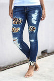 Hollow Out Leopard Splice Ripped Jeans