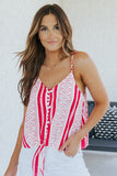 Boho Print V Neck Front Buttons Thin Straps Tank