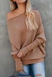 Khaki Slouchy One Shoulder Dolman Sleeves Ribbed Sweater