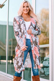 Brown Striped Cuffs Floral Print Long Cardigan