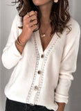 Khaki V Neck Lace Splicing Buttoned Cardigan