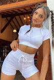 Zipped Ribbed Knit Crop Top and Shorts Sports Wear