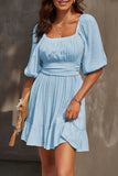 Bow Knot Square Neck Ruffled High Waist Mini Dress
