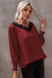 V Neck Lace Patchwork Green Blouse
