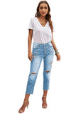 High Rise Button Front Distressed Denim Pants