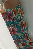 Turquoise Roses Print Off-the-shoulder Maxi Dress