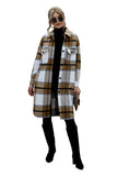 Khaki Turn-down Collar Pocket Button Plaid Coat