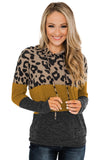 Leopard Print Color Block Drawstring Hoodie