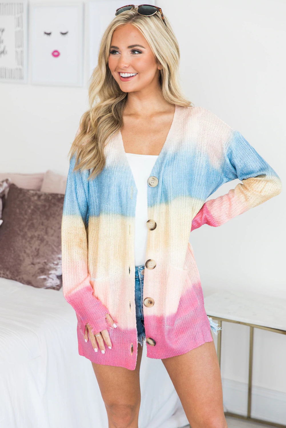 Rainbow Ombre Buttoned Cardigan with Pockets