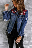 Snowflake Plaid Patchwork Distressed Denim Jacket