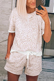 Print Tee and Drawstring Pocketed Shorts Lounge Set