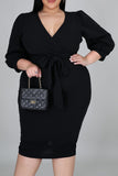 Plus Size Puff Sleeve Wrap V Neck Midi Dress