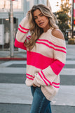 Pink Striped Cold Shoulder Knit Sweater