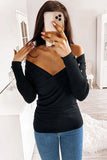 V Neck Ribbed Textured Pleated Top with Buttoned Long Sleeves