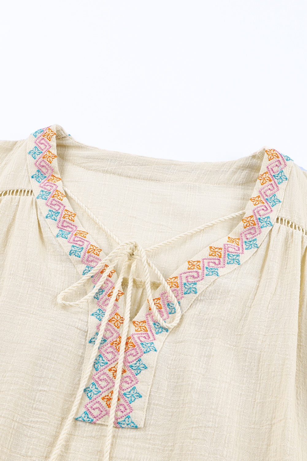 Tassel Drawstring Embroidered Half Sleeve V Neck Top
