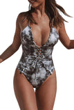 Multicolor Tie Dye Lace Up Front Plunging V One Piece Swimsuit