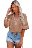 Beige Tassel Drawstring Embroidered Half Sleeve V Neck Top