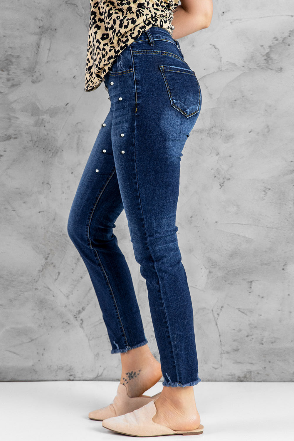 Sky Blue High Waist Raw Hem Button Ripped Flare Jeans