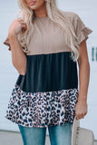 Brown Colorblock Leopard Ruffled Sleeve Babydoll Top