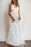 White Applique Gauze High Slit Lining Maxi Dress