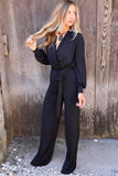 V Neck Wrap Waist Tie Long Sleeve Jumpsuit