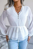 Swiss Dot Buttoned Drawstring Peplum Blouse