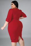 Plus Size Puff Sleeve Wrap V Neck Midi Dress