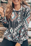 Gray  Aztec Kangaroo Pocket Drawstring Hoodie