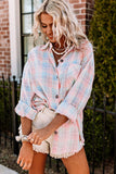 Pink Collared Neckline Plaid Pattern Long Sleeve Shirt