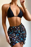 Violet Halter Triangle Bikini with Drawstring Print Skirt