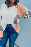 Colorblock Striped Splicing Waffle Knit Long Sleeve Top