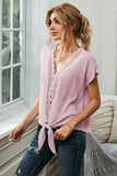 V Neck Lace Patchwork Tee with Knot
