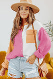 Rose Color Block Textured Long Sleeve Shirt with Pocket