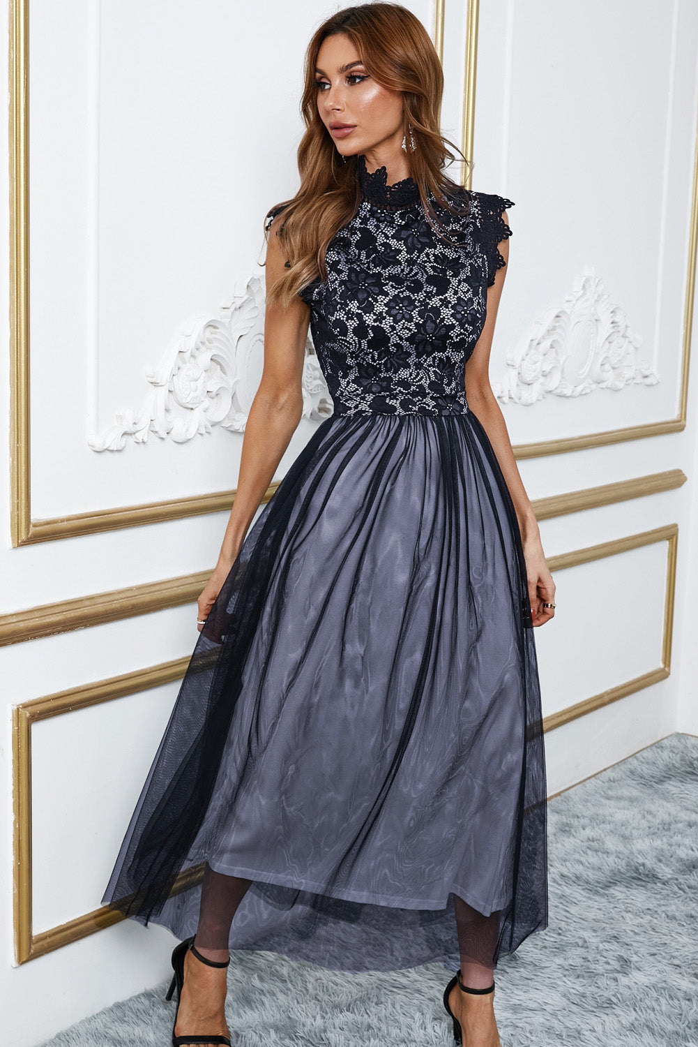 High Neck Sleeveless Crochet Lace Mesh Lined Evening Dress ALELLY