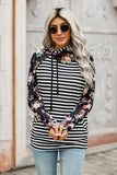 Striped Floral Print Long Sleeve Zipper Hoodie