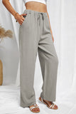Gray Drawstring Elastic Waist Pockets Long Straight Legs Pants