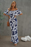 Turquoise Roses Print Off-the-shoulder Maxi Dress