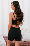 Black Ribbed Knit Zip-up Crop Top and High Waist Shorts Two Piece Set