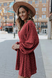 V Neck Balloon Sleeve Smocked Waist Printed Mini Dress