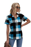 Zipped V Neck Plaid Short Sleeve Blouse