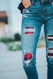 Plaid Patch Destroyed Skinny Jeans