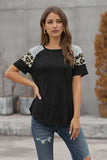 Khaki Striped Leopard Print Short Sleeve Women T-shirt