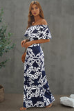Turquoise Roses Print Off-the-shoulder Maxi Dress